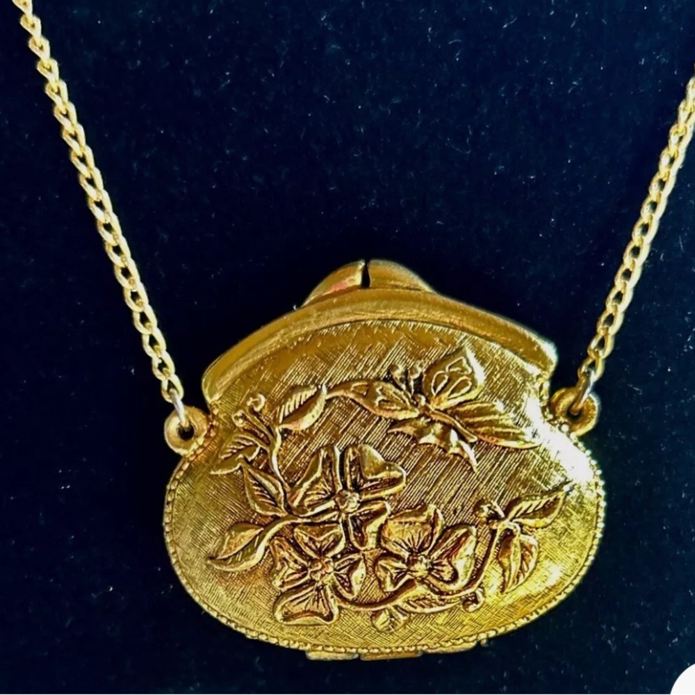 Corday Vintage Gold Floral Perfume Purse  Necklace